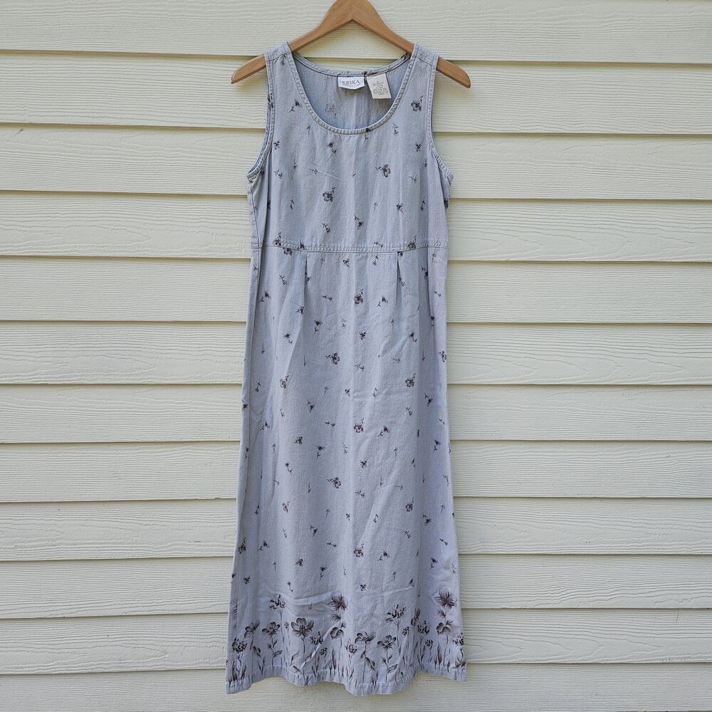 Vintage Erika Linen Blend Dress Womens Small Floral Prairie Cottage Maxi Modest